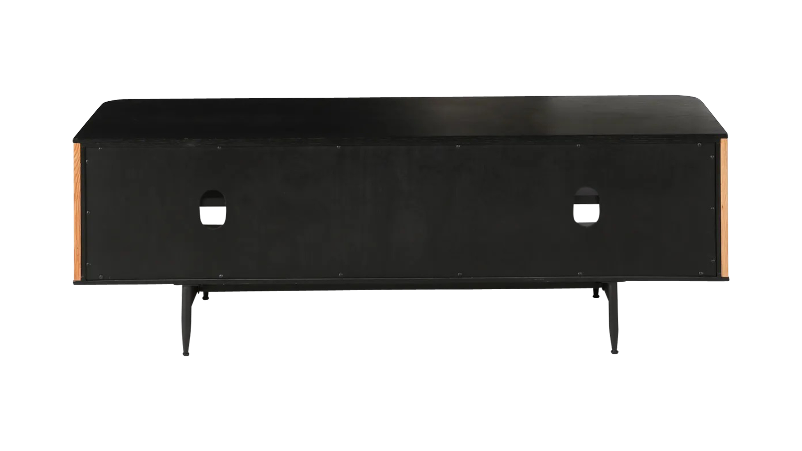 ZINIA TV-meubel in bruin eikenhout decor with sleek modern design, featuring open shelves and storage compartments.