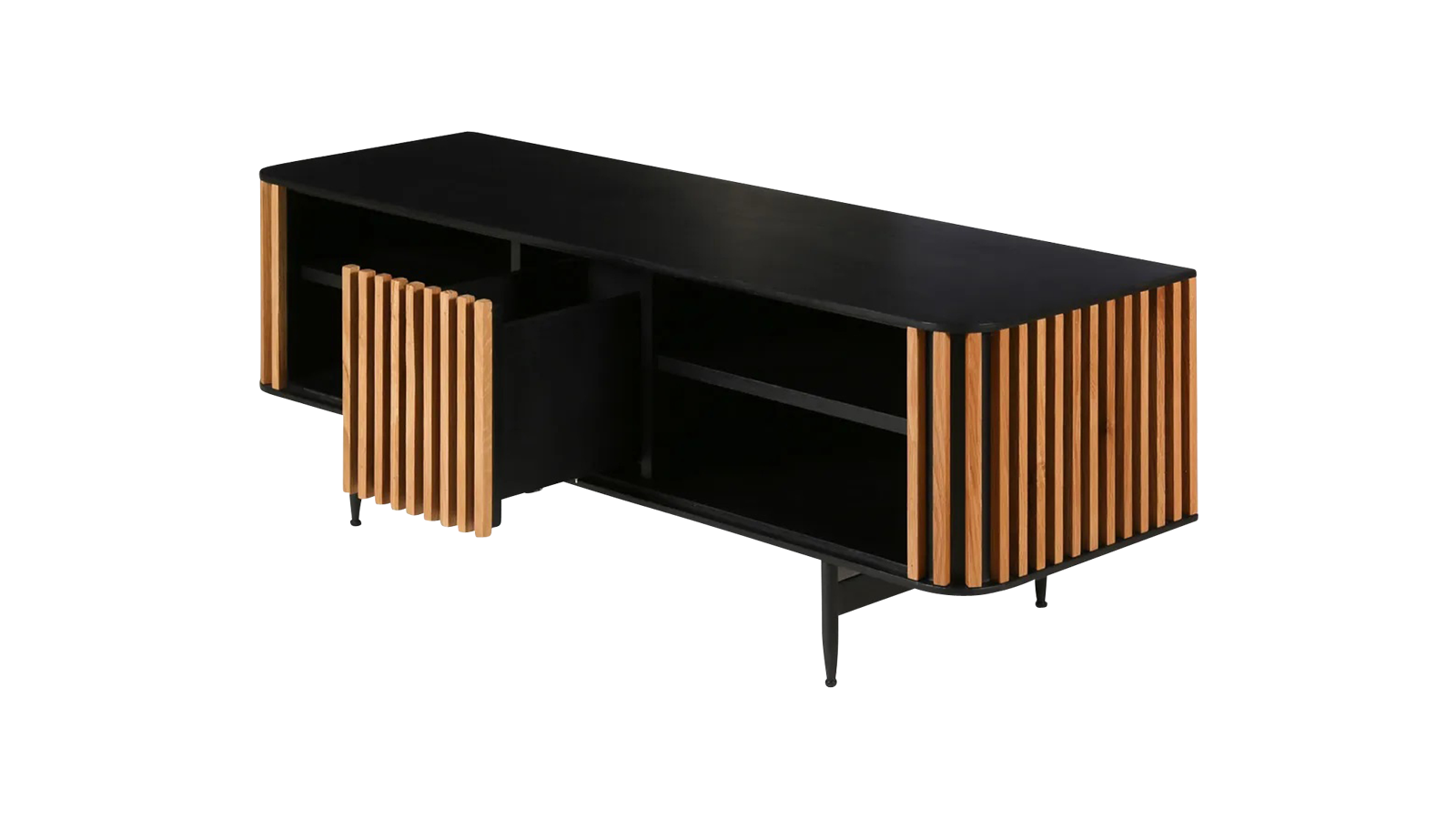 ZINIA TV-meubel in bruin eikenhout decor with sleek design, ideal for modern living room entertainment setup.
