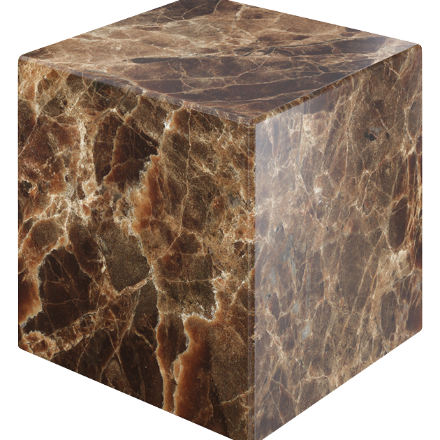 Dark Emperador brown marble cube with glossy finish, showcasing rich veining and polished surface from My Store.