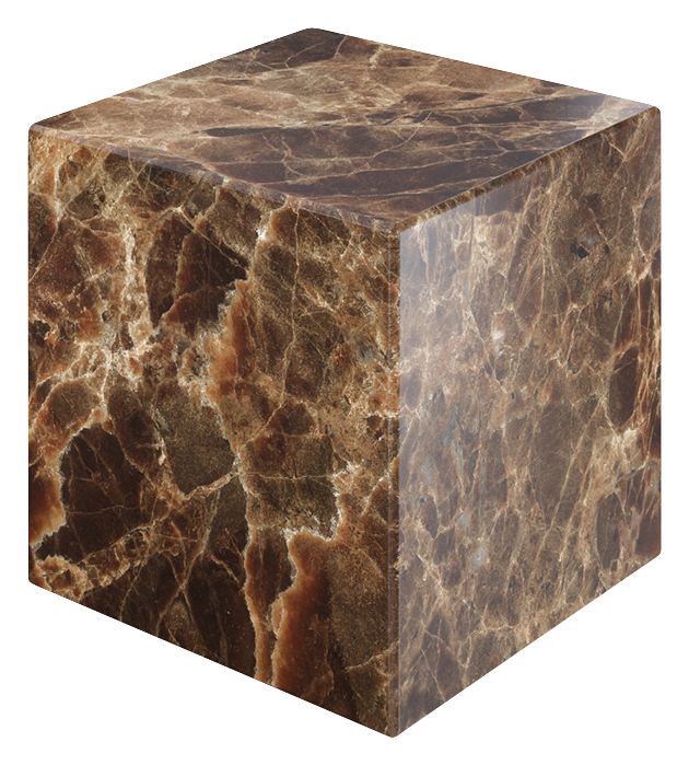 Dark Emperador brown marble cube with glossy finish, showcasing rich veining and polished surface from My Store.