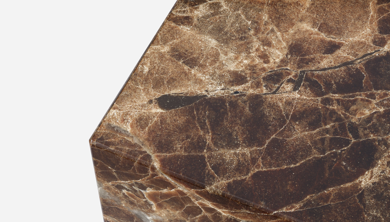 Dark Emperador marble cube from My Store showing glossy brown marble with natural veining and smooth polished surface.