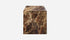 Dark Emperador brown marble cube with glossy finish, showcasing natural veining and polished surface.