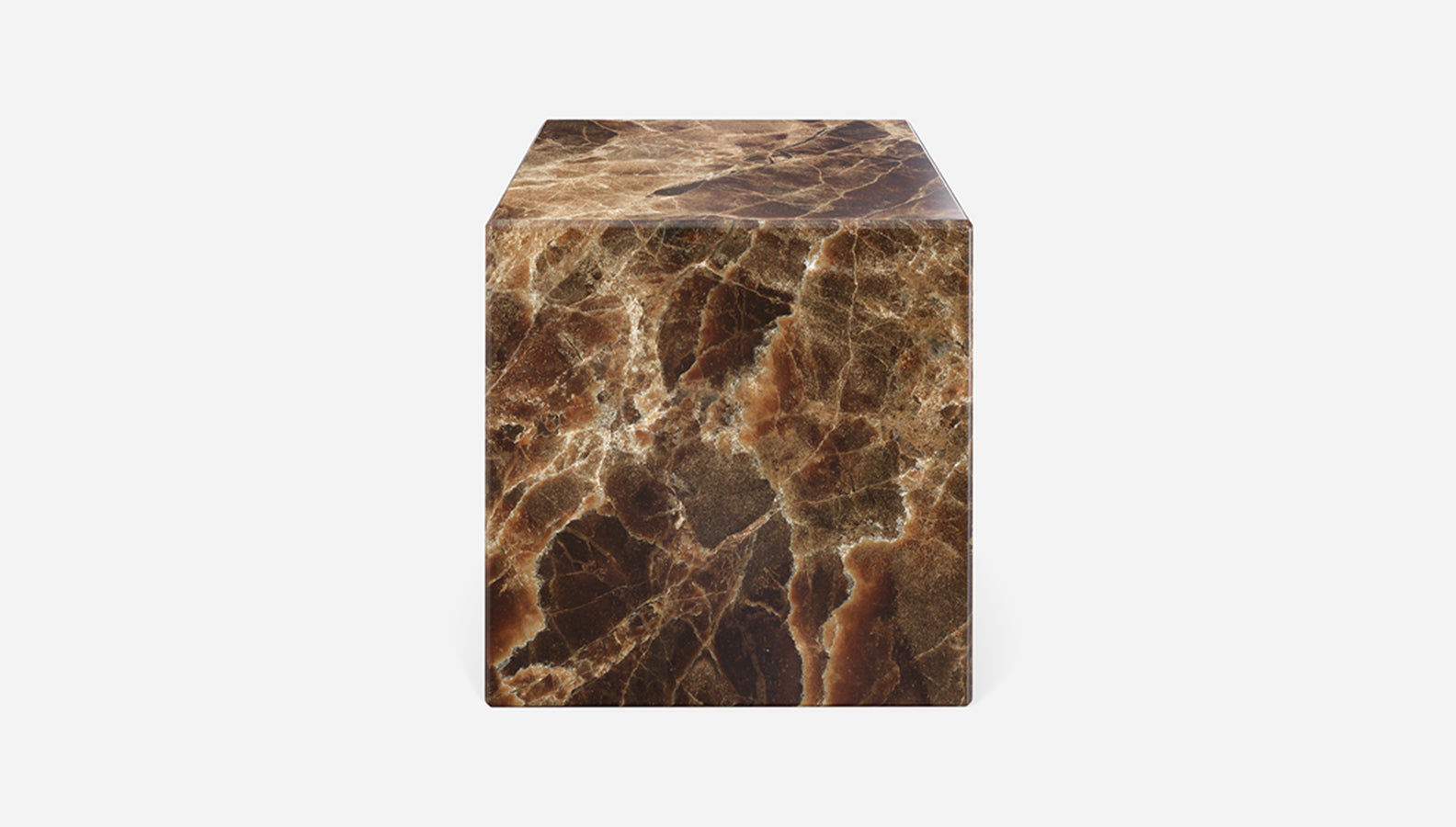 Dark Emperador brown marble cube with glossy finish, showcasing natural veining and polished surface.