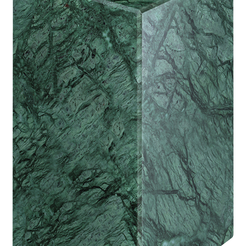Glossy India Green marble pillar with intricate carvings, ideal for decorative or architectural use.
