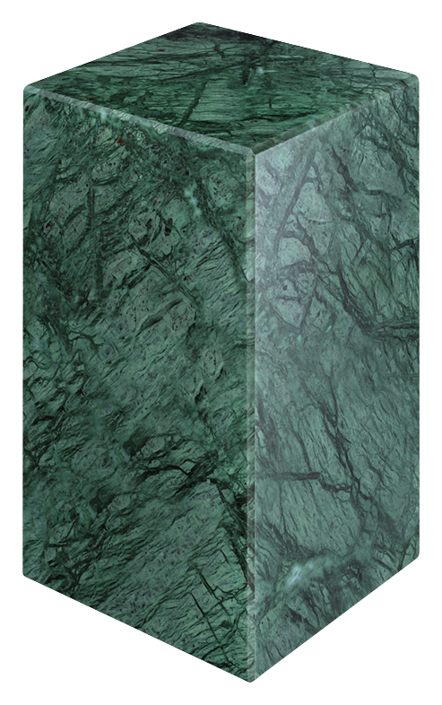 Glossy India Green marble pillar with intricate carvings, ideal for decorative or architectural use.