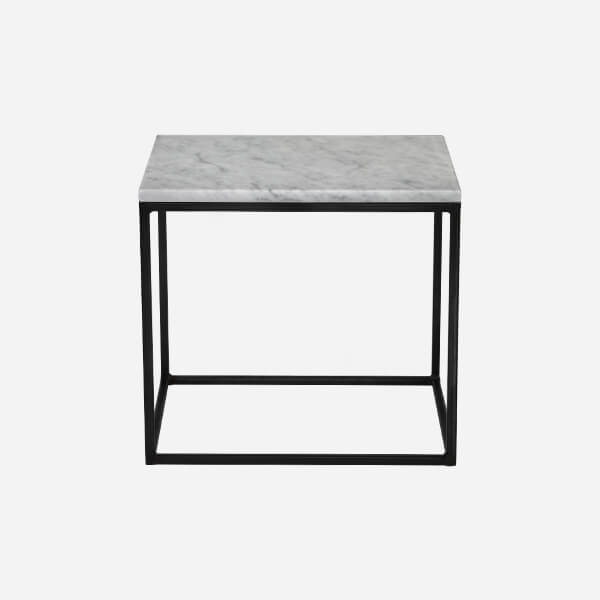 Glossy Bianco Carrara marble side table with sleek white finish, showcasing elegant natural veining and modern design.