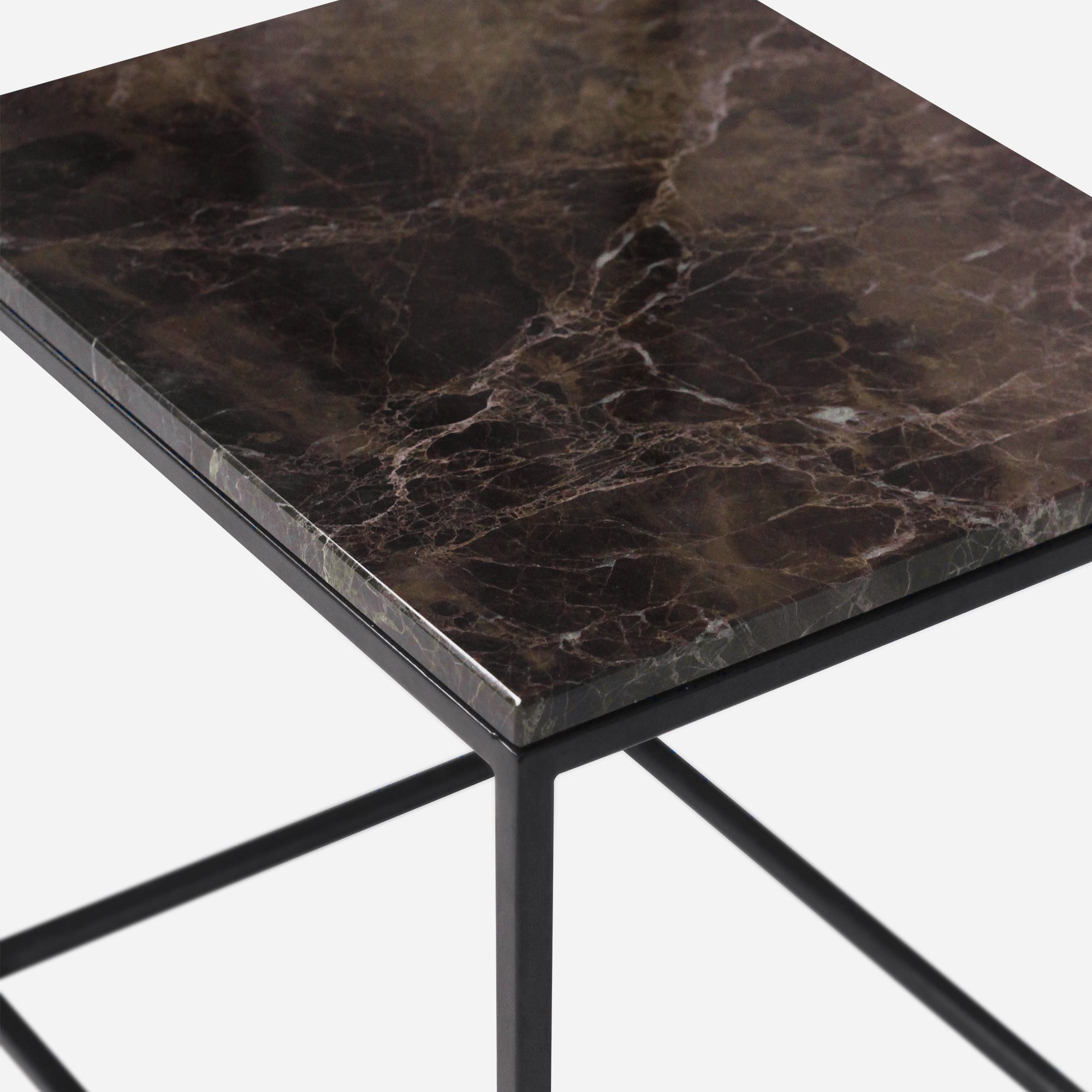 Dark Emperador brown marble side table with glossy finish, modern design, and sturdy base.