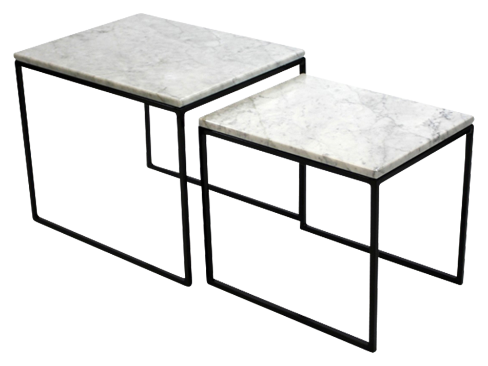 Set of two glossy Bianco Carrara white marble side tables with sleek, modern design, perfect for contemporary living spaces.