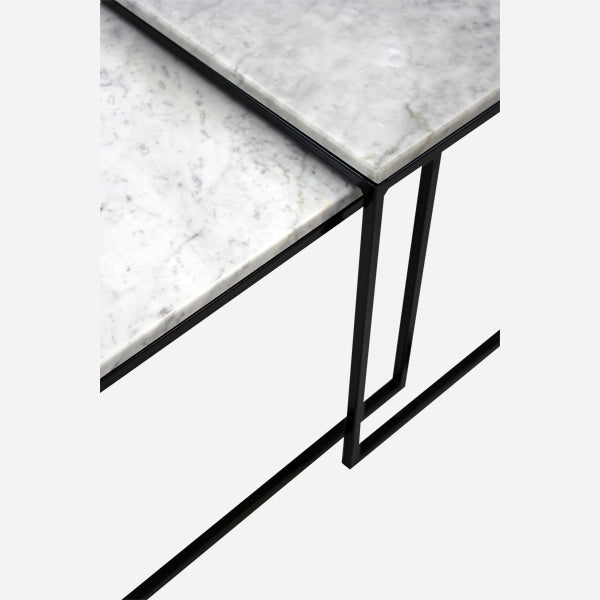 Set of two glossy Bianco Carrara white marble side tables with rounded edges and sleek modern design.