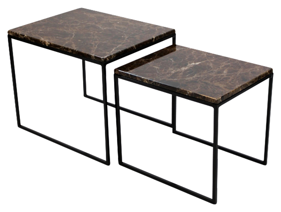Set of two dark Emperador brown marble side tables with glossy finish, modern design, suitable for living room decor.