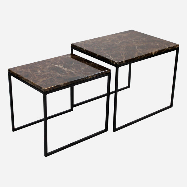 Set of two dark Emperador brown marble side tables with glossy finish, modern design, and sturdy bases.