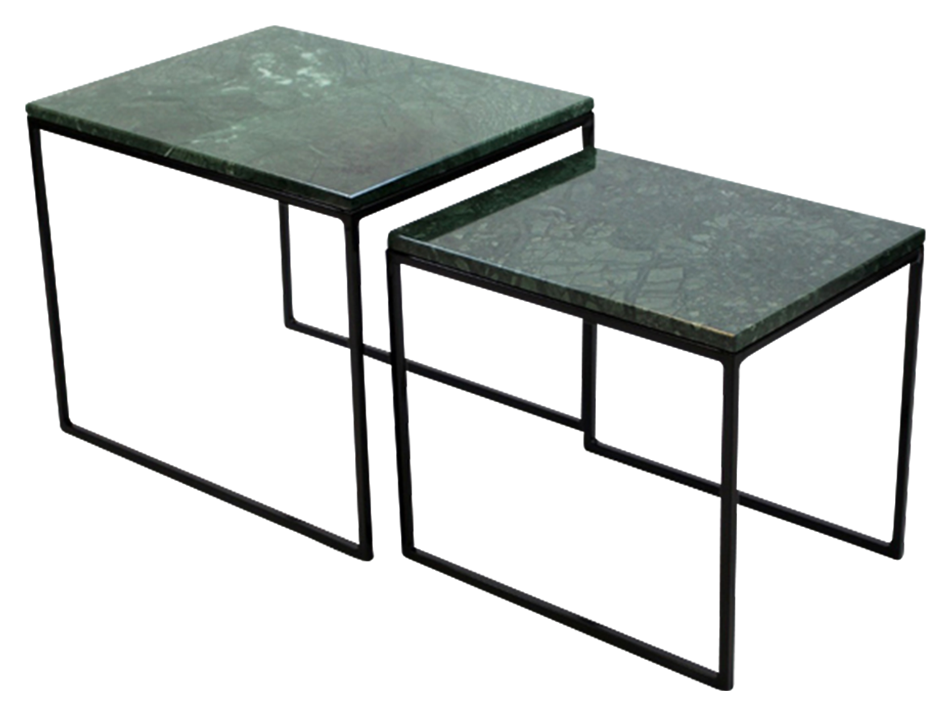 Set of two glossy India Green marble side tables from My Store, featuring sleek round tops and modern design.