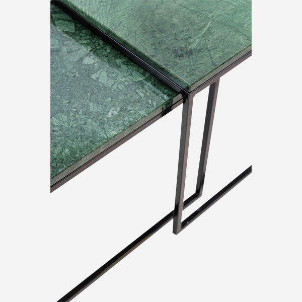 Set of two glossy India Green marble side tables with sleek modern design, perfect for living room decor.