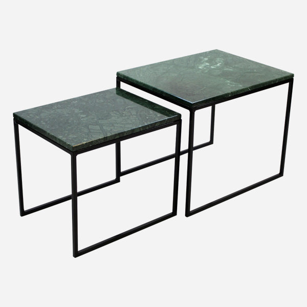 Set of two glossy India Green marble side tables with sleek, modern design for living room decor.