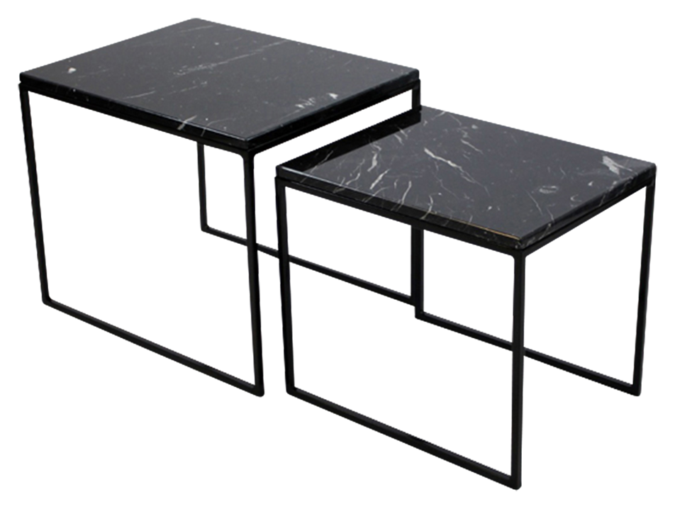 Set of two Nero Marquina black marble side tables with glossy finish, modern design, and sleek round tops.