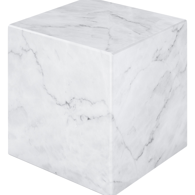 White Bianco Carrara marble cube with matte finish, showcasing smooth surface and natural marble veining, from My Store.