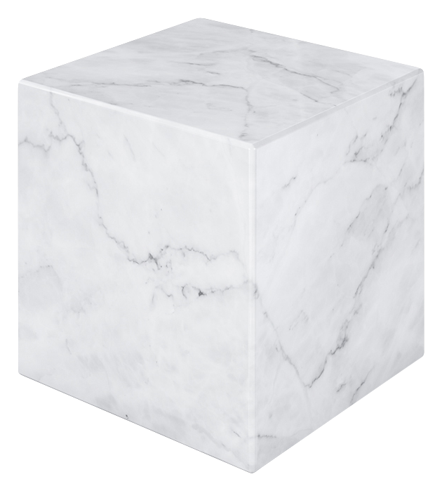 White Bianco Carrara marble cube with matte finish, showcasing smooth surface and natural marble veining, from My Store.