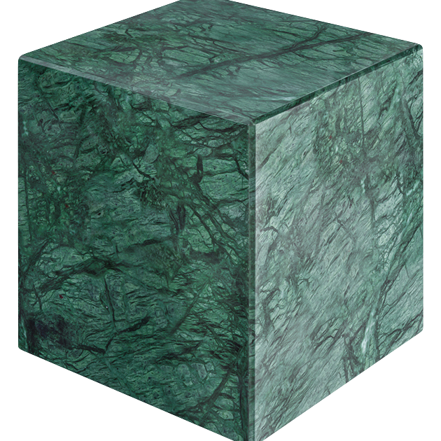 Matte India Green marble cube from My Store, showcasing smooth surface and rich green veined pattern for decorative use.