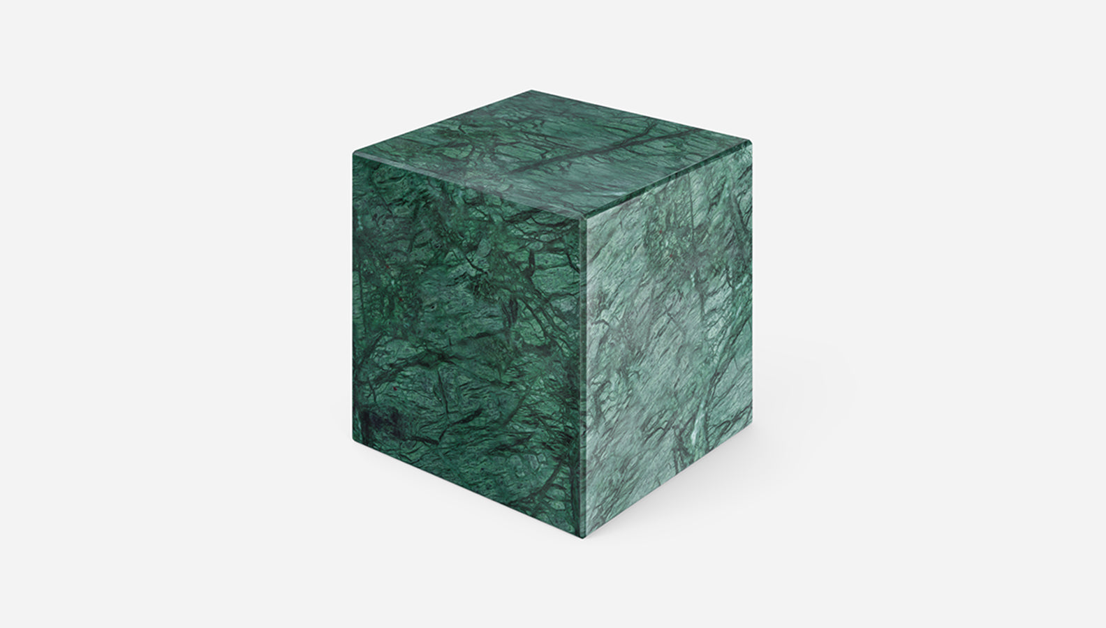 Matte India Green marble cube with smooth surface, showcasing natural green and white veining, from My Store.
