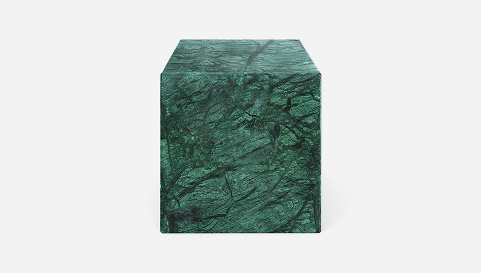 Matte India Green marble cube with smooth surface and natural green and white veining, ideal for decor or tabletop display.