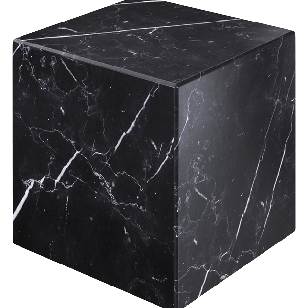 Black Nero Marquina marble cube with matte finish, showcasing smooth, polished surface and natural veining.