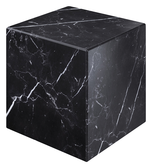 Black Nero Marquina marble cube with matte finish, showcasing smooth, polished surface and natural veining.