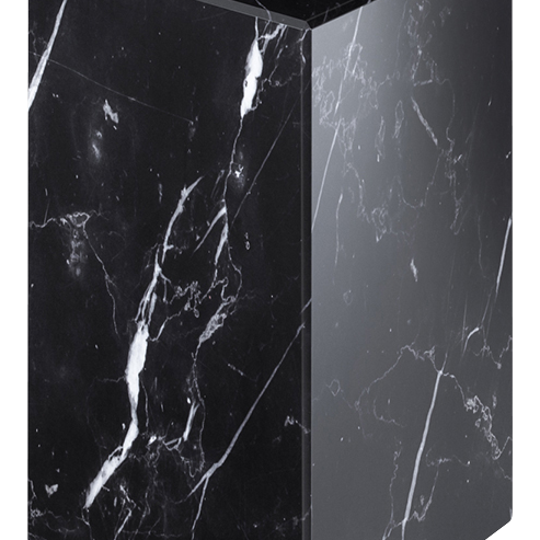 Matte Nero Marquina black marble pillar with smooth surface, showcasing elegant natural veining and a tall, cylindrical shape.