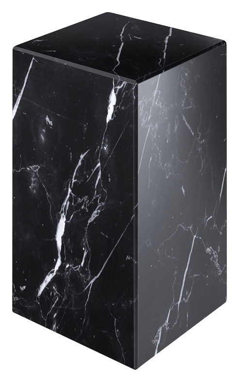 Matte Nero Marquina black marble pillar with smooth surface, showcasing elegant natural veining and a tall, cylindrical shape.