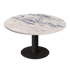 Round KIYO dining table with glossy Amarante marble top and black center-leg for modern dining room decor.