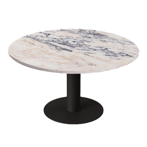 Round KIYO dining table with glossy Amarante marble top and black center-leg for modern dining room decor.