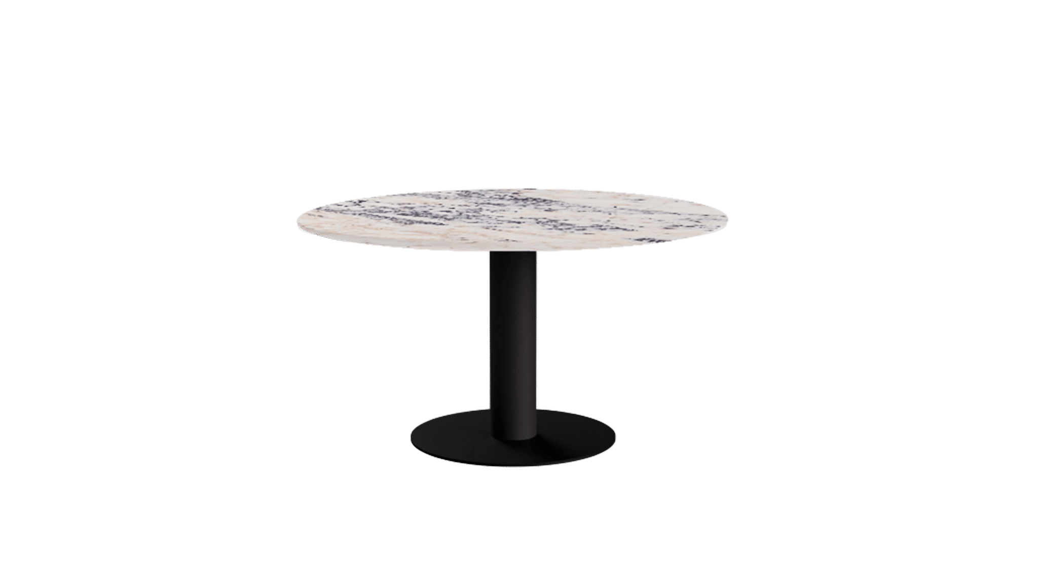 KIYO round dining table with Amarante marble top and black center-leg, modern design, glossy finish, suitable for dining rooms.