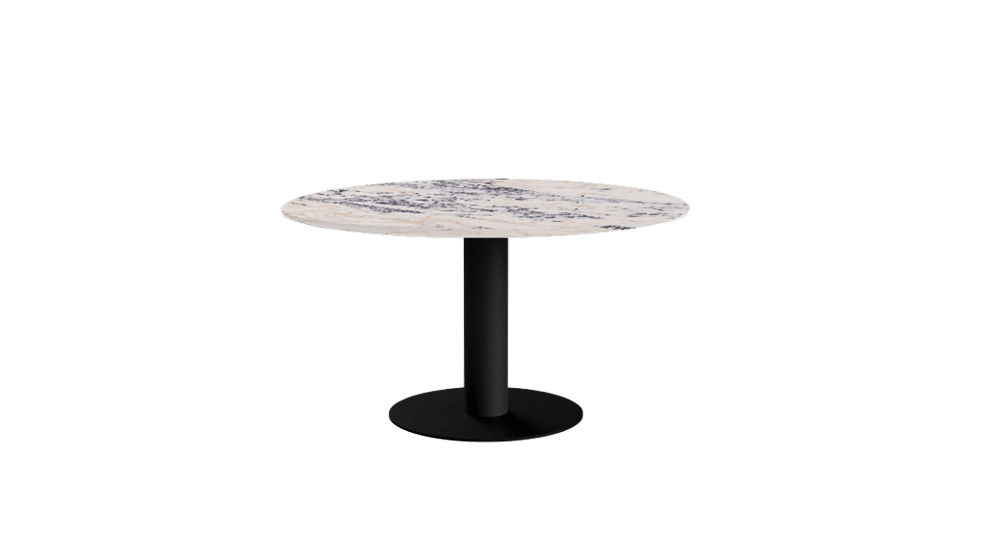 KIYO round dining table with Amarante marble top and black center-leg, modern design, glossy finish, suitable for dining rooms.