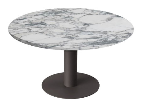 Kiyo round dining table with Arabescato marble top and black center-leg, glossy finish, modern design for stylish dining spaces.
