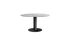 Kiyo round dining table with Arabescato marble top and black center-leg, glossy finish, modern design for stylish dining spaces.