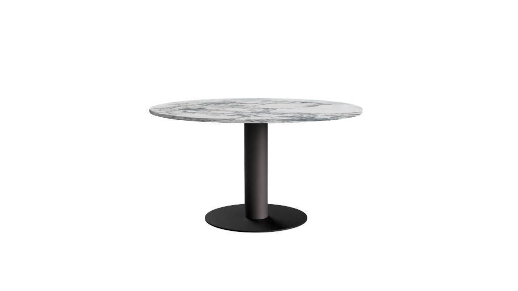 Kiyo round dining table with Arabescato marble top and black center-leg, glossy finish, modern design for stylish dining spaces.