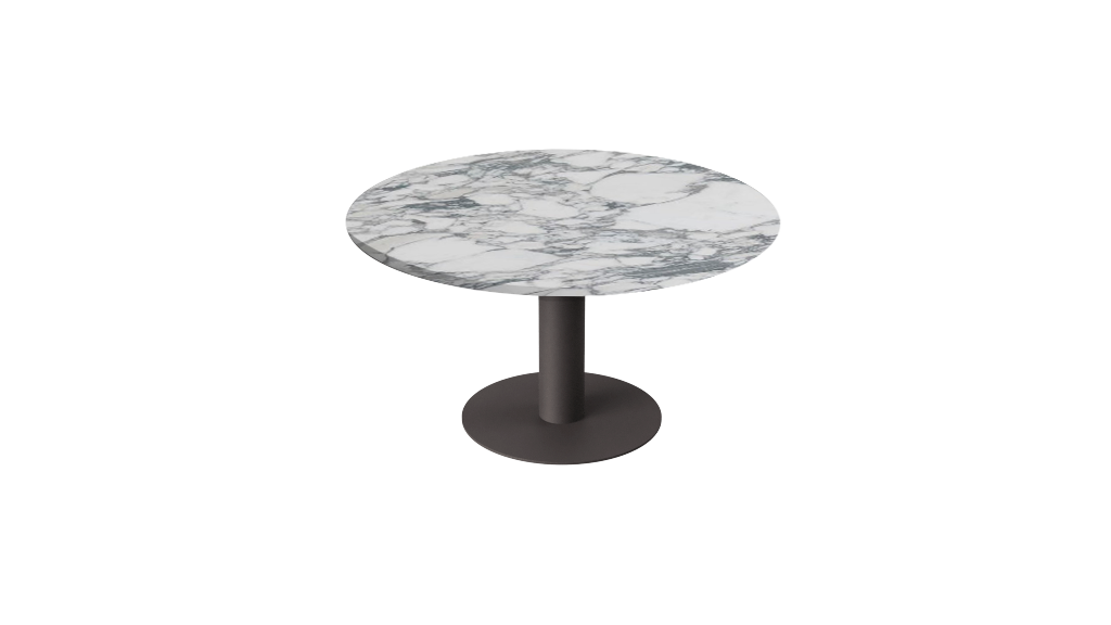 Round KIYO dining table with Arabescato marble top and black center-leg, glossy finish, modern design for stylish dining spaces.