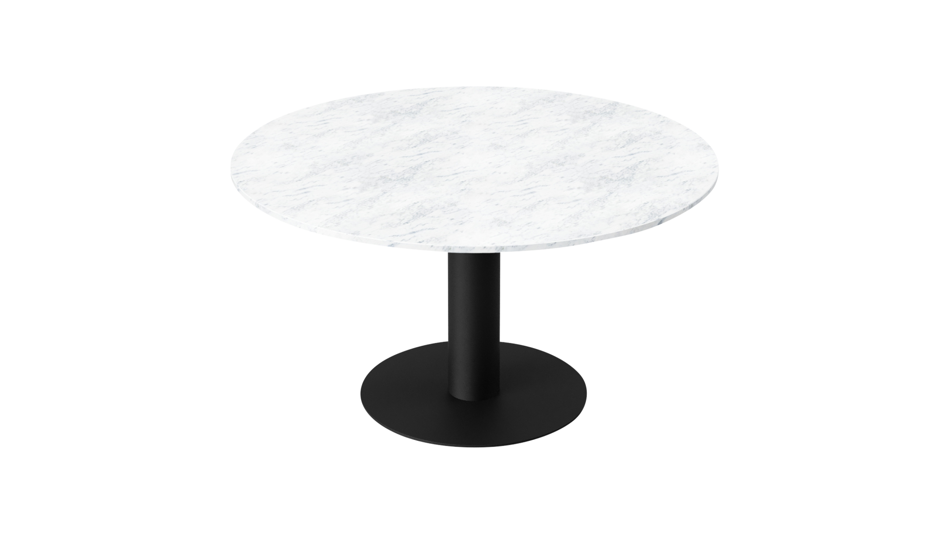 Round KIYO dining table with Bianco Carrara white marble top and black center-leg, glossy finish, by My Store.