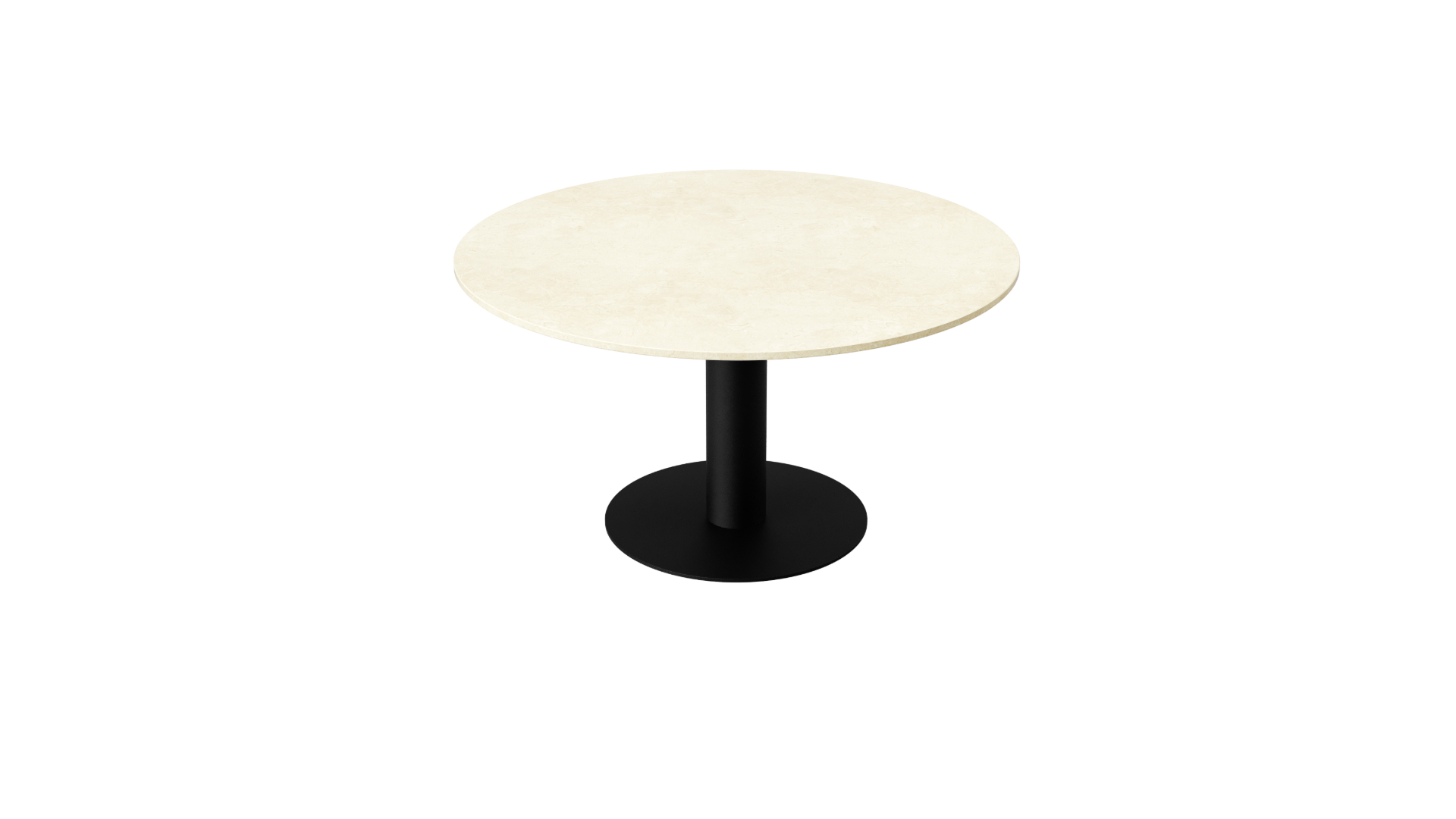 Round KIYO dining table with Crema Marfil beige marble top and black center-leg, glossy finish, from My Store.