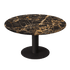 Round KIYO dining table with Portoro marble top and black center-leg, glossy finish, modern design for stylish dining spaces.
