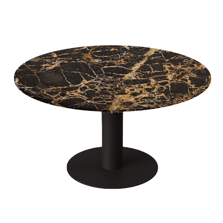 Round KIYO dining table with Portoro marble top and black center-leg, glossy finish, modern design for stylish dining spaces.