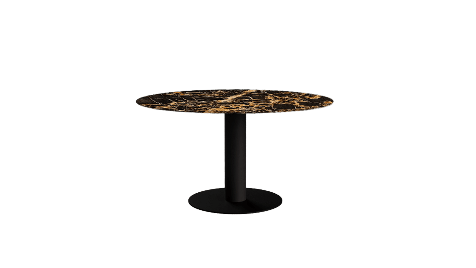 Round KIYO dining table with Portoro marble top and black center-leg, glossy finish, modern design for stylish dining spaces.