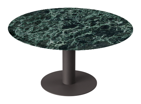 Kiyo round dining table by My Store with Verde Alpi marble top and black center-leg, glossy finish, 110 cm diameter.