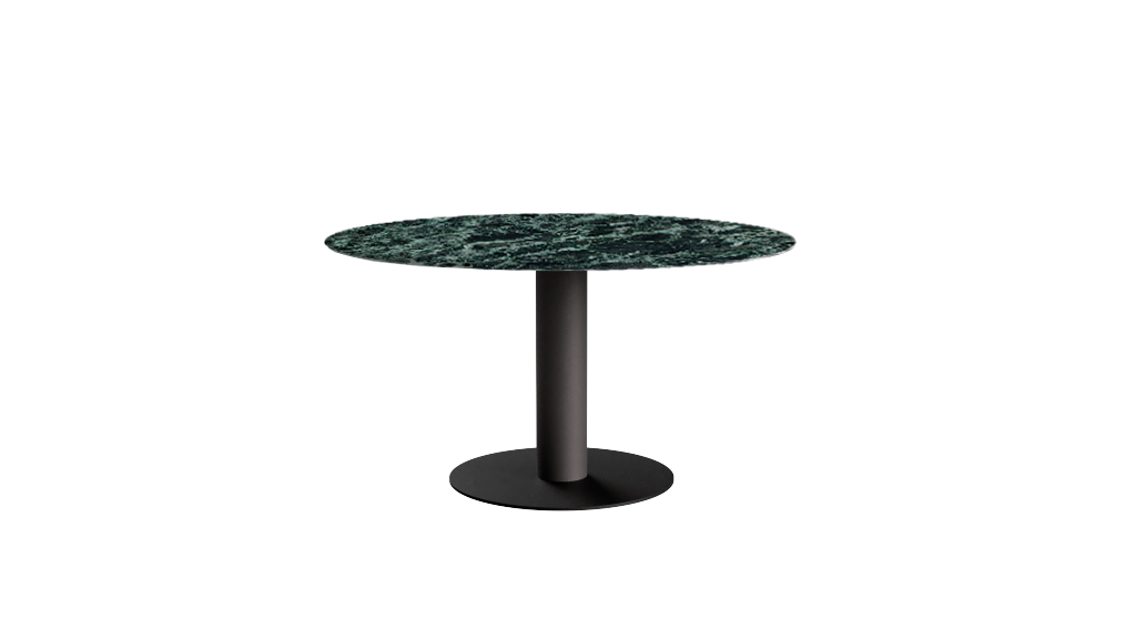 Kiyo round dining table by My Store with Verde Alpi marble top and black center-leg, glossy finish, 110 cm diameter.