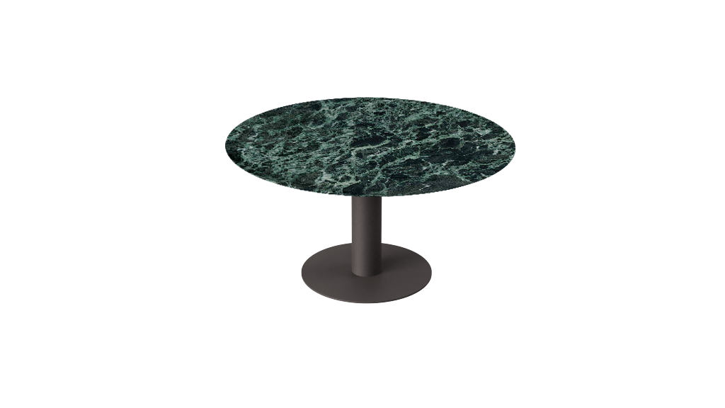 Round KIYO dining table with Verde Alpi marble top and black center-leg, glossy finish, ideal for modern dining spaces.