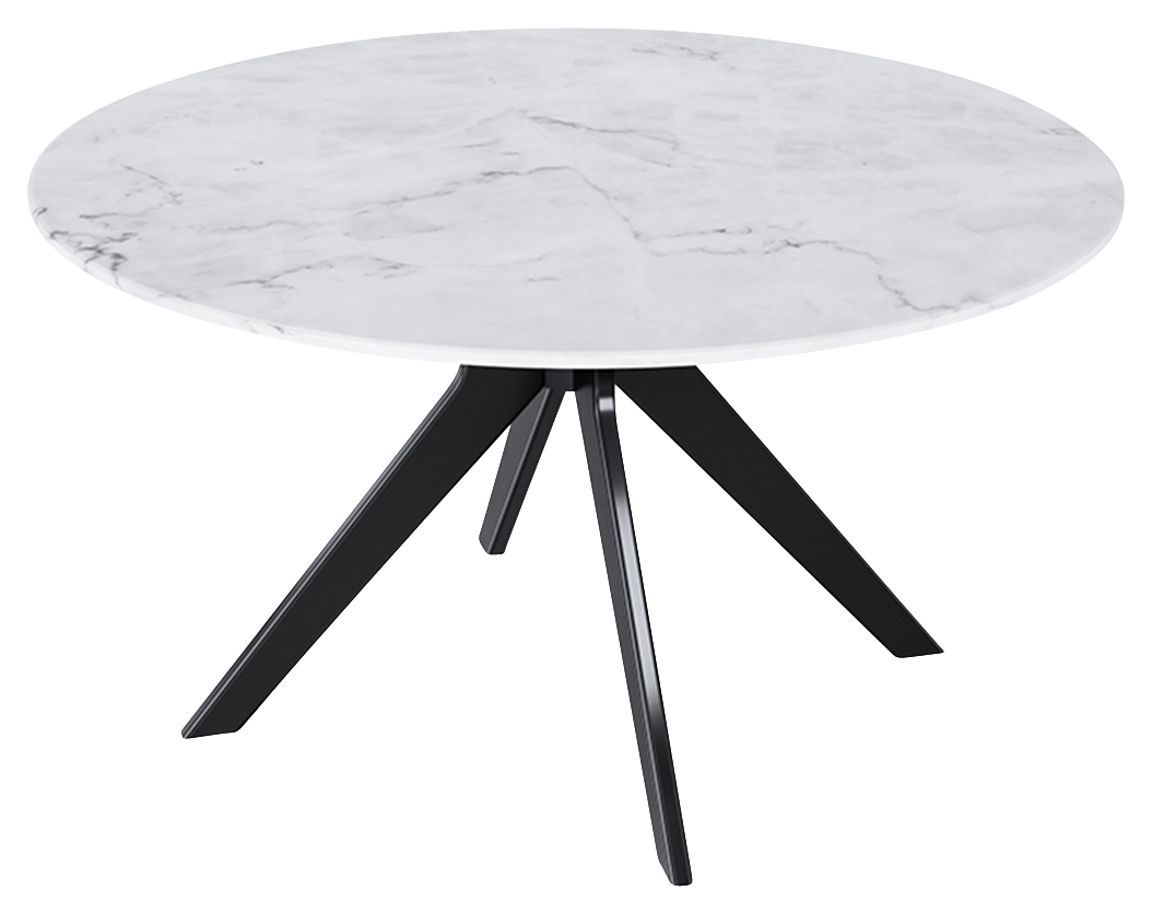 Glossy round marble dining table with Bianco Carrara white marble top and arch metal frame, modern and elegant design.