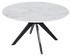 Glossy round marble dining table with Bianco Carrara white marble top and arch metal frame, modern and elegant design.