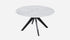 Round marble dining table with Bianco Carrara white surface and arch-style metal frame, glossy finish for modern dining rooms.