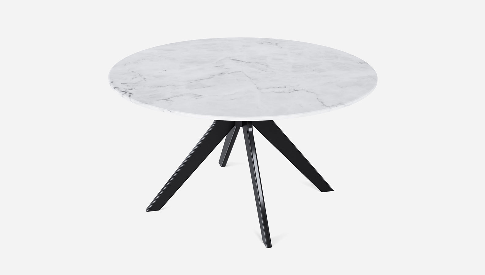 Round marble dining table with Bianco Carrara white surface and arch-style metal frame, glossy finish for modern dining rooms.