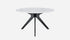 Round marble dining table with white Bianco Carrara marble top and arch metal frame, modern and elegant design.