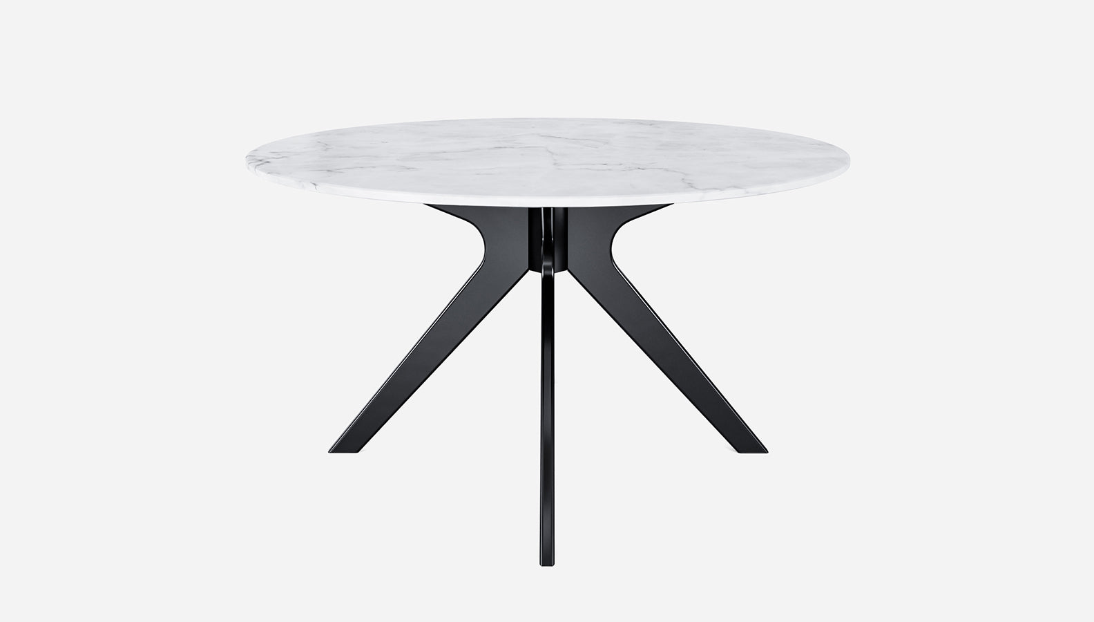 Round marble dining table with white Bianco Carrara marble top and arch metal frame, modern and elegant design.